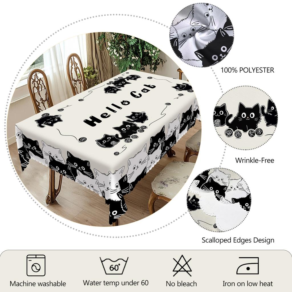 1 Piece Black And White Cat Pattern Tablecloth, Cute Cat Decoration Party Supplies Polyester Machine Washable Tablecloth With Lace, Suitable For Party