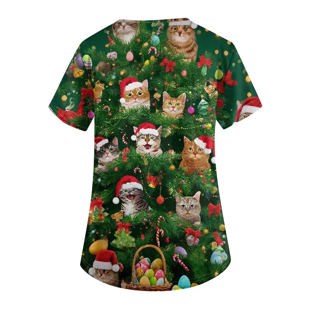 Женский топ защитного костюма с V-образным вырезом, рождественским принтом, короткими рукавами, карманом и боковым разрезом