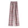 Petite Pink Plaid Ice Silk Wide-Leg Pants: Summer Casual Loose Fit, Straight Floor-Length Style
