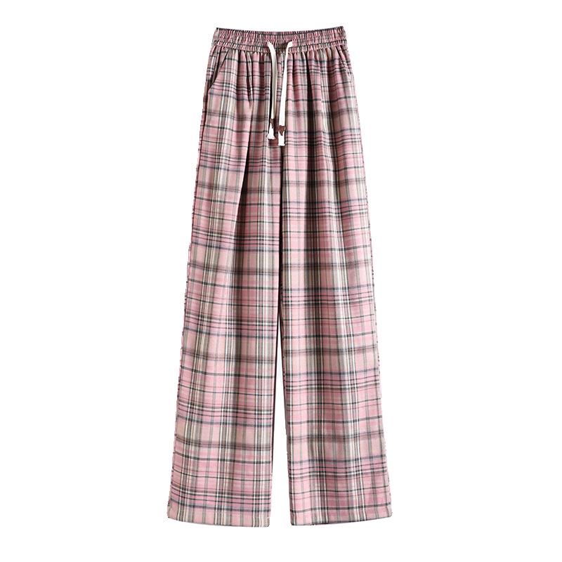 Petite Pink Plaid Ice Silk Wide-Leg Pants: Summer Casual Loose Fit, Straight Floor-Length Style
