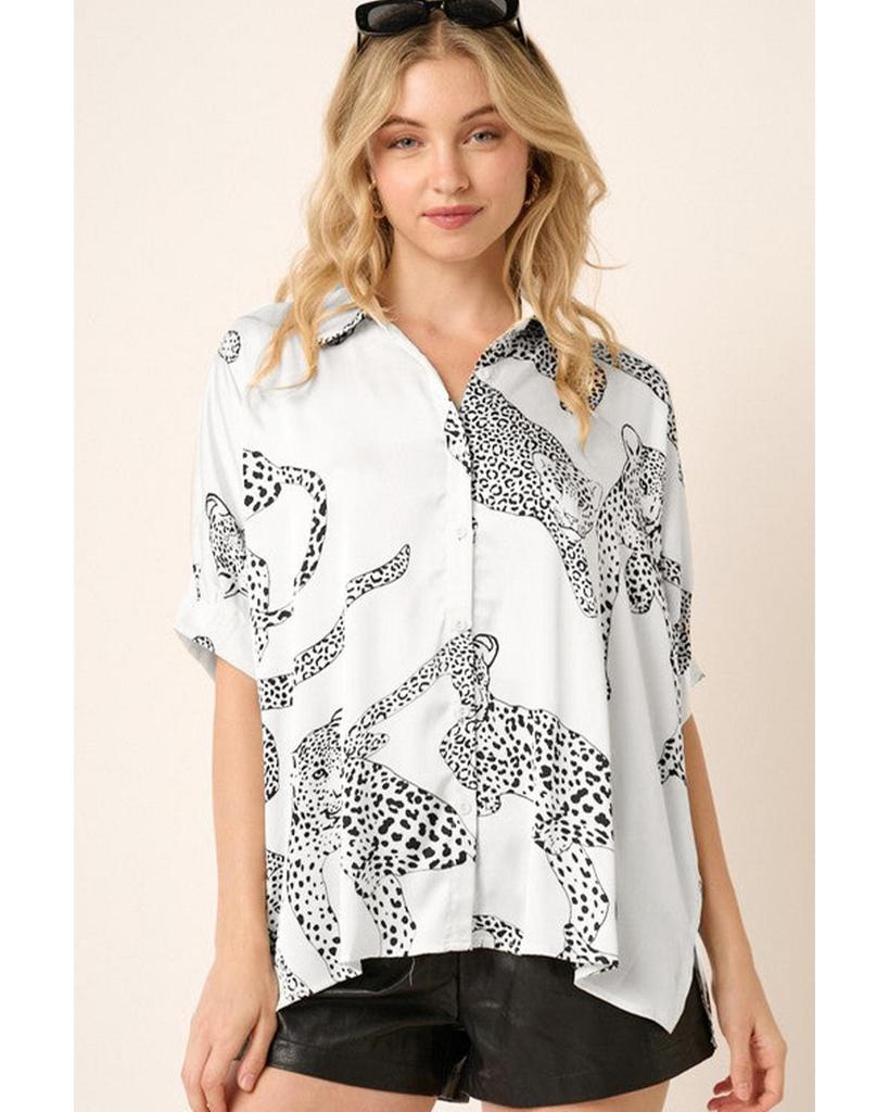 Azura Exchange Бежевая рубашка с принтом гепарда на пуговицах и коротким рукавом
