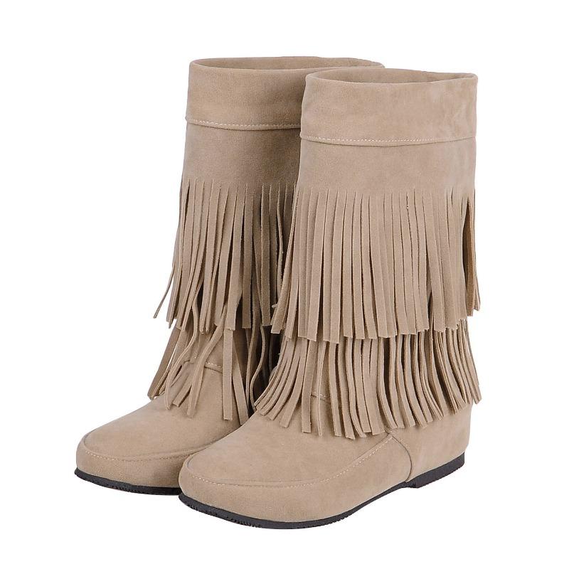 Женские сапоги Tassel Winter New Bohemian Flocking Monica Design Сапоги до середины голени Теплые сапоги на молнии на платформе с подкладкой из плюша Высокие сапоги до колена