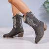 Осенние женские сапоги в стиле вестерн с острым носком и толстым каблуком, новые римские вышитые сапоги до середины голени для женщин, обувь на каблуке, женские сапоги