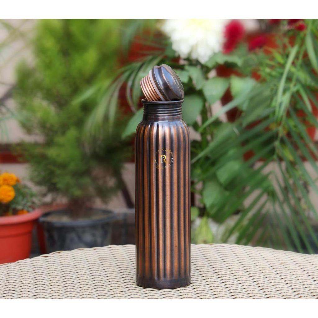 Pure Copper Water Bottle - 1L Hand Made | Antique Rope Design With Leak-Proof Lid | Ayurvedic Copper For Health Benefits |