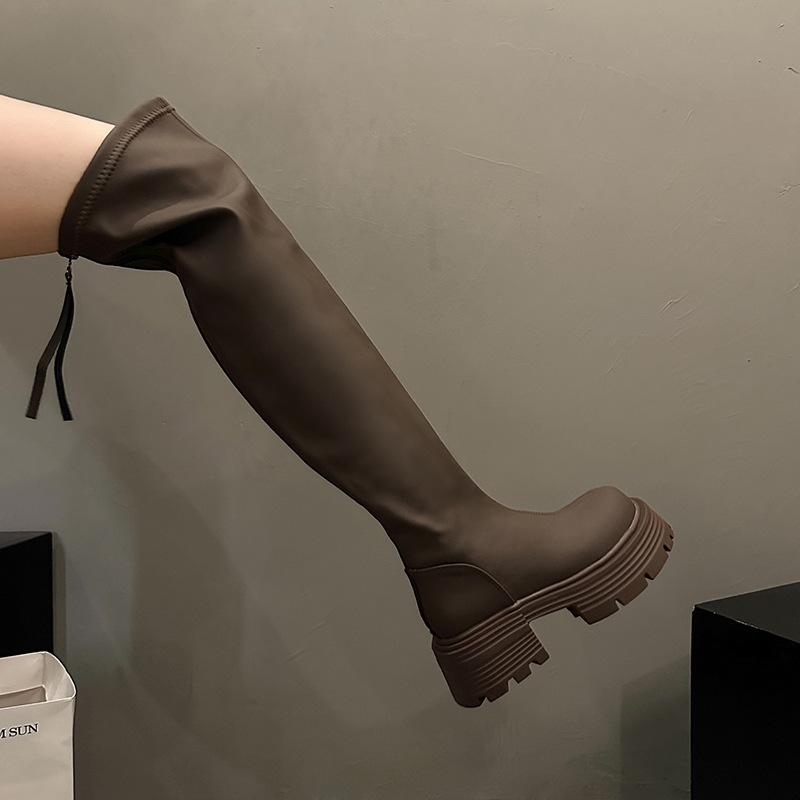 Узкие ботфорты 2025 зима новые на толстой подошве бархатные эластичные тонкие сапоги женские ретро высокие на толстом каблуке сапоги-рыцари