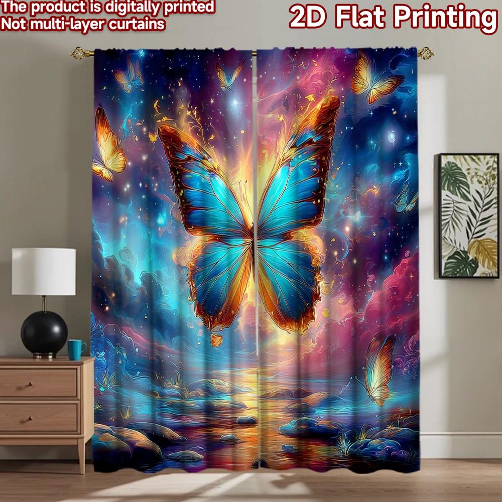 2D flat printing 2pcs Curtains Cosmic Butterfly Nebula Digital Printed Polyester Drapes Festive Holiday Perfect for Art Party