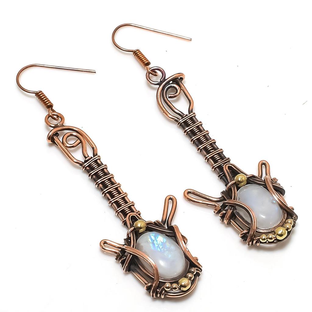 Moonstone Earrings, 999 Copper Wire Wrapped Jewelry, Gift For Women Handmade Earrings Gemstone Jewelry