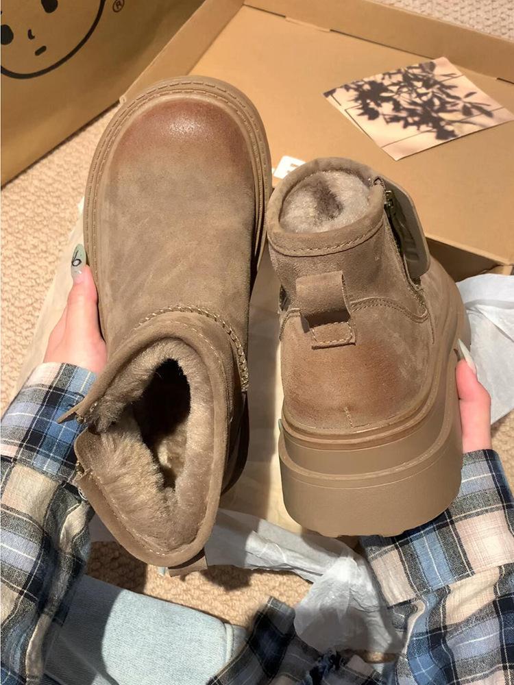 [Странный эстетизм] Кожаные меховые зимние ботинки на толстой подошве с внутренней танкеткой, женские новые бархатные и утолщенные хлопковые туфли на осень и зиму