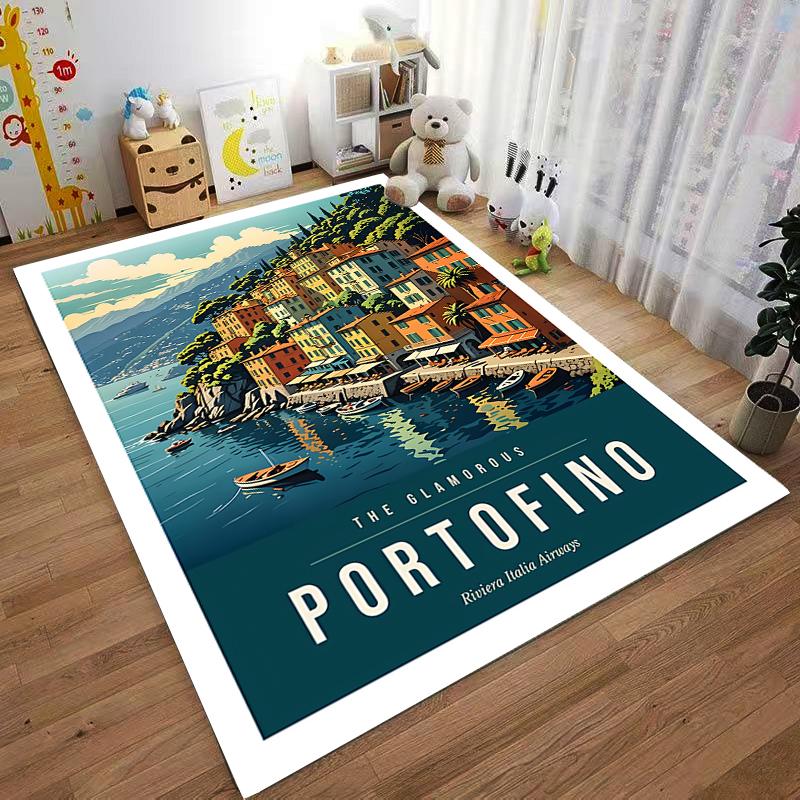 Portofino Italy Travel Poster Colorful Harbor Boats Riviera Retro Illustration Art decorative area rug accent for hallway entryway lounge