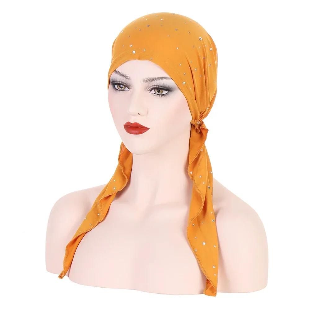 New Shimmer Pre-Tied Hat Women Muslim Hijab Turban Long Tail Headscarf Beanies Bonnet Hair Loss Chemo Cap Head Wrap Bandanas