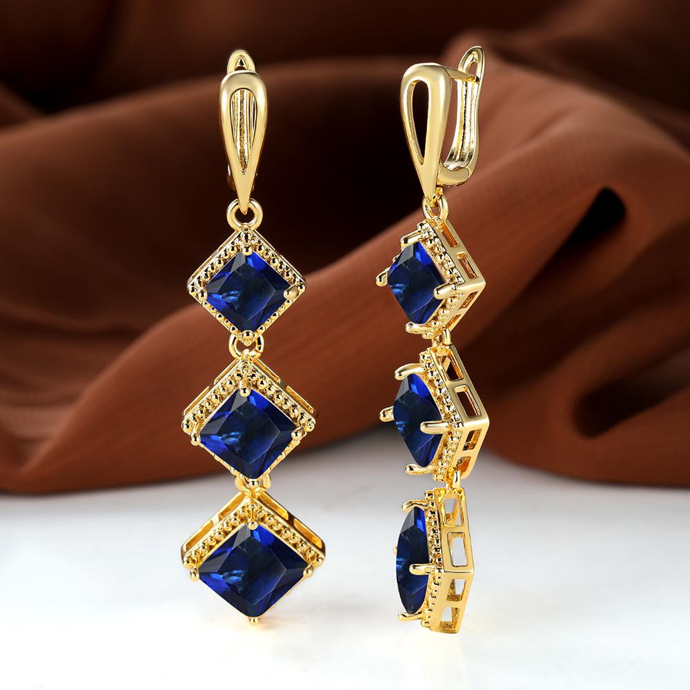 Длинные висячие серьги-крючки с синим камнем принцессы, цвет серебра, желтого золота, квадратной огранки, кольцо для невесты, обручальные украшения