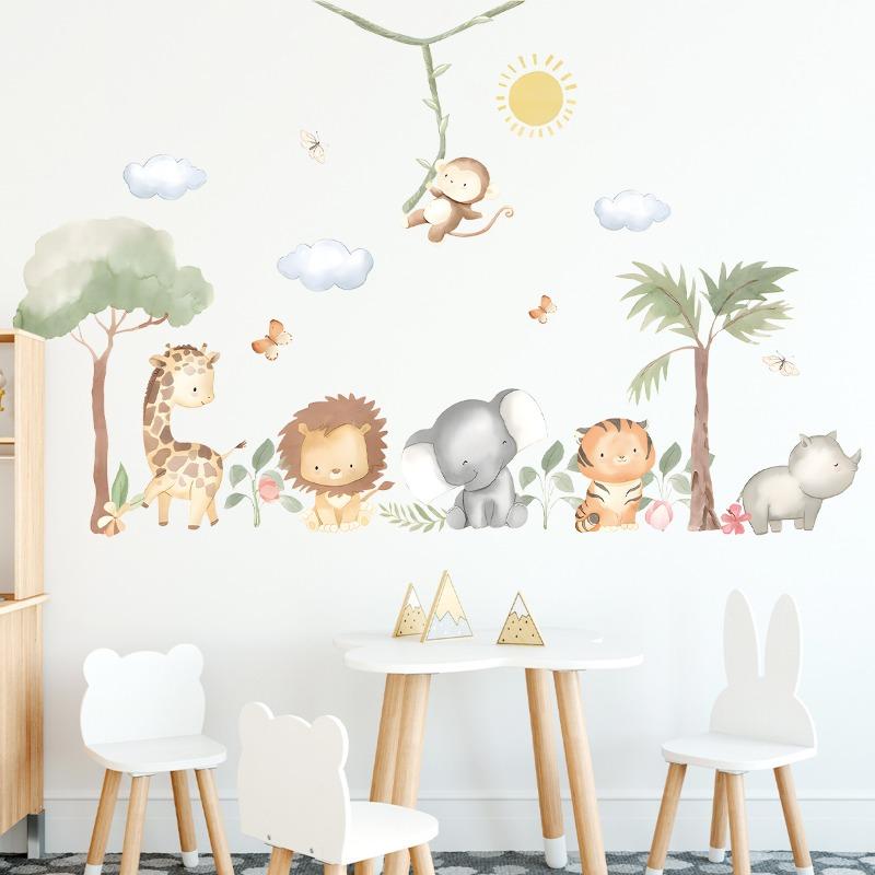 Cartoon Cute Lion Elephant Giraffe Tree Forest Animal Wall Stickers for Bedroom Living Room Nursery Decoration Wall Decals
