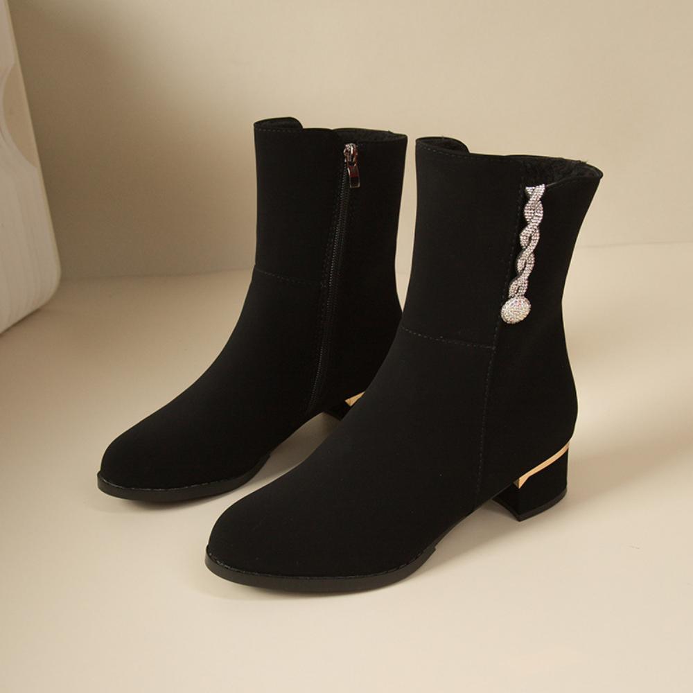 Ботинки Женские средние ботинки Грубый каблук Матовые меховые ботинки Женские ботинки Короткие ботинки