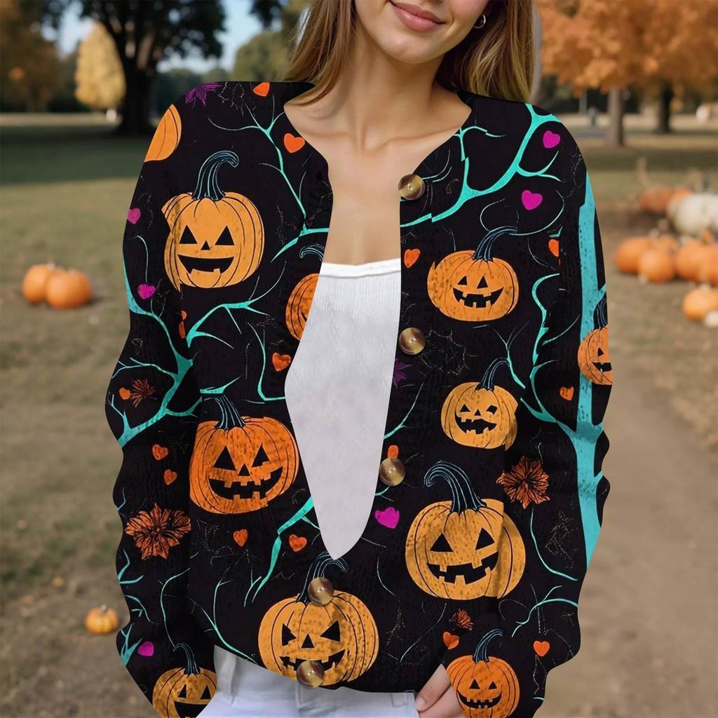 Women's Fashion Printed Long Sleeve Knitted Cardigan Button Down Jacket