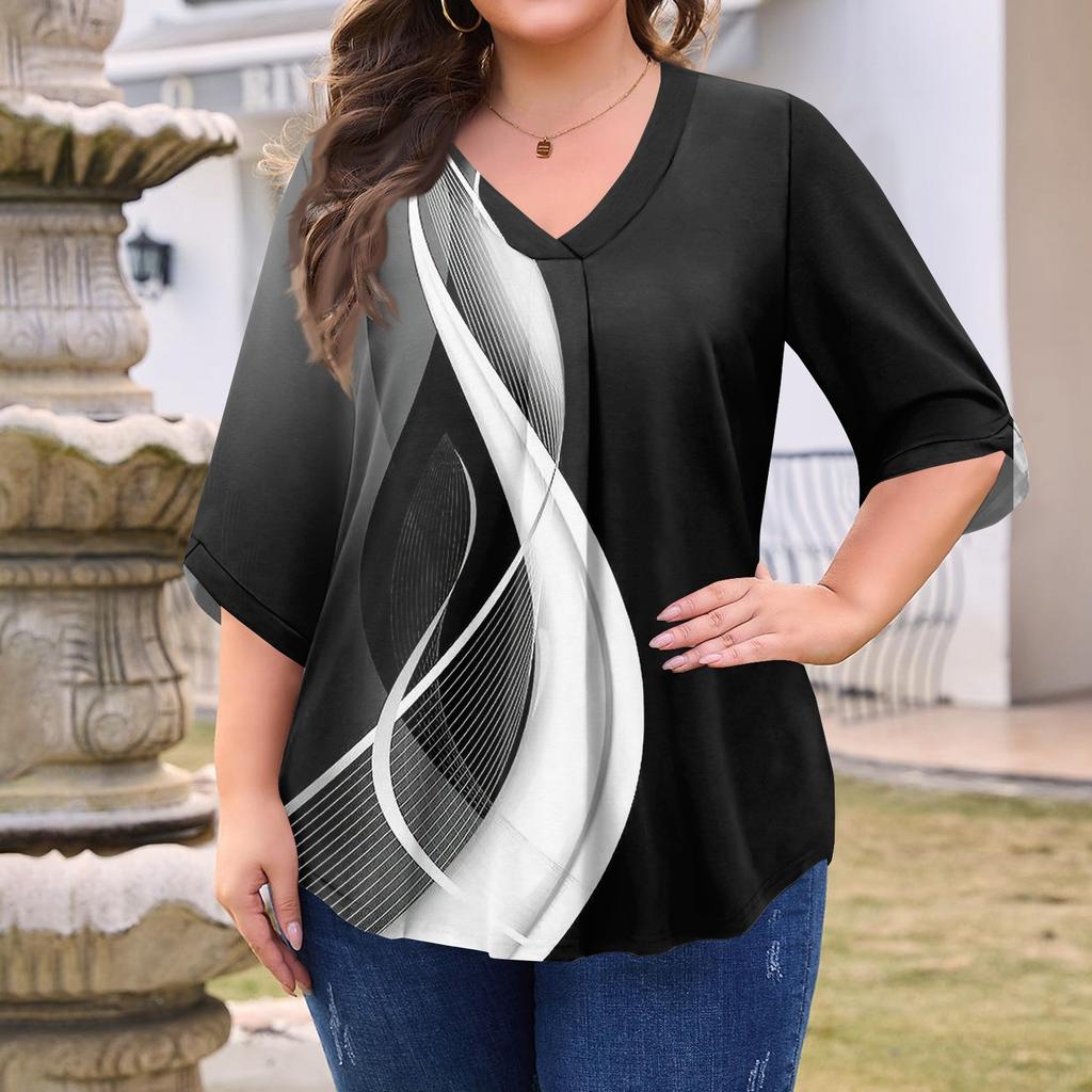 Women's Fashion Large Size Printed V-Neck Three-quarter Sleeve Top