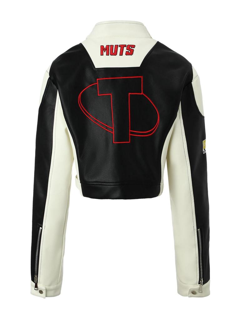 Женская мотоциклетная куртка из ПУ кожи в стиле колор-блок с вышитой нашивкой и воротником-стойкой
