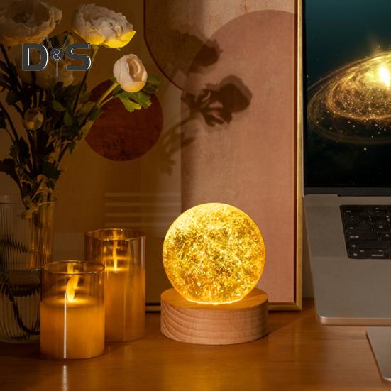 Faux Crystal Glass Balls USB Powered LED Chakra Ball with Wooden Base Ice Cracked Spheres Night Light for Meditation Home Table Decor