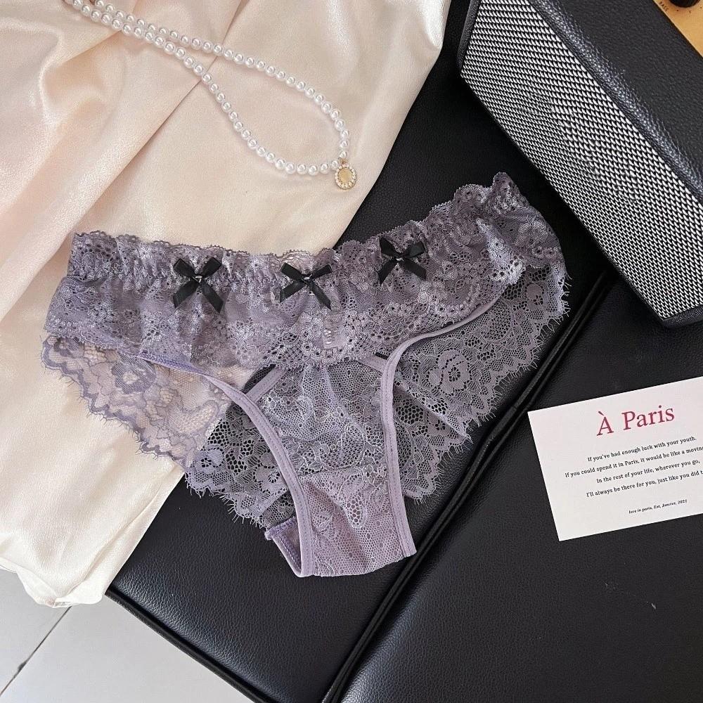 Breathable Japanese Style Bowknot Lace Panties Low Waist Transparent Thong for Women Briefs Flowers Mini Bow Underpants Home