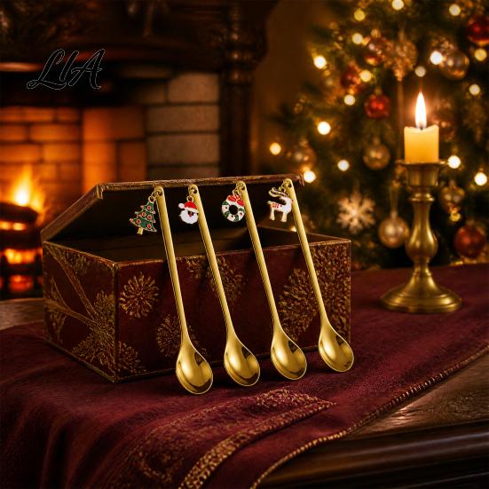 Stocking Stuffers for Christmas 4Pcs Stainless Steel Spoons, Coffee Stirring Xmas Dessert Teaspoons Santa Claus Tableware with Gift Box, Holiday Tea,