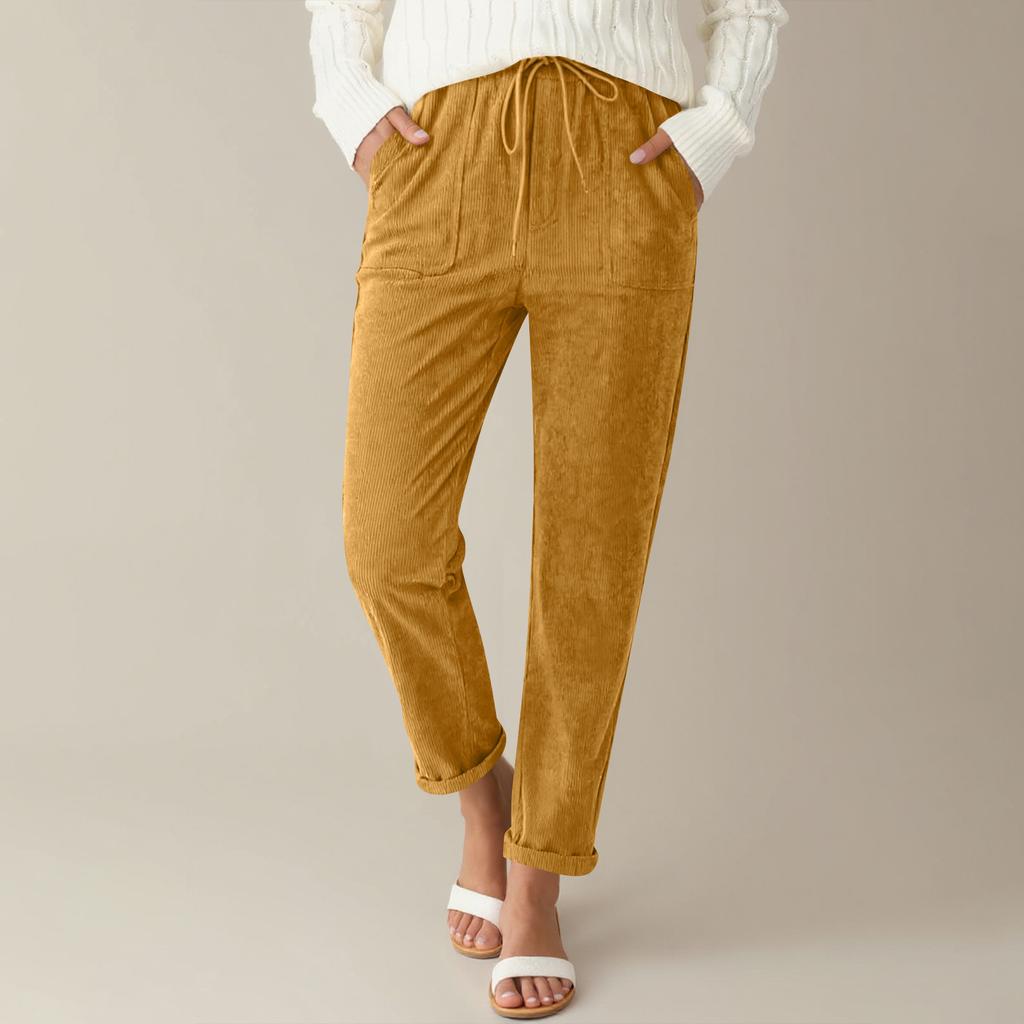Corduroy Pants For Women Casual Drawstring Elastic High Waist Straight Leg Pants Loose Comfy Trousers With Pockets