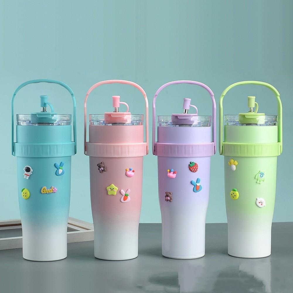 Large Cup Thermos Capacity Stainless Steel Convenient Durable Straw Carried Can