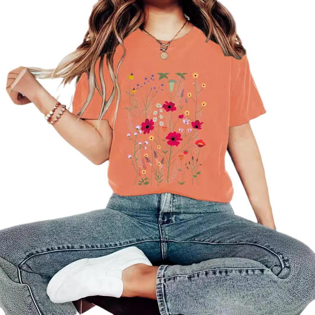 Floral Print Round Neck Short Sleeve Women's Summer T-Shirt