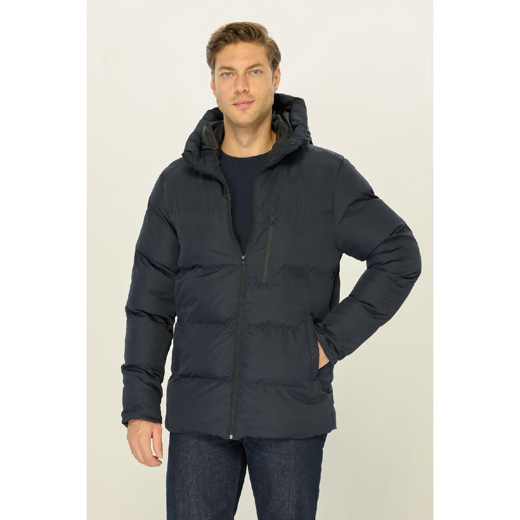 Мужское черное ветрозащитное стеганое зимнее пальто с капюшоном из волокна