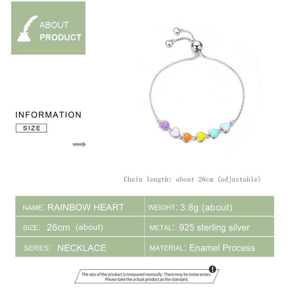 BAMOER Classic 925 Sterling Silver & Platinum Plated Rainbow Heart Adjustable Chain Bracelets