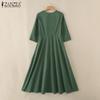 ZANZEA Women Casual Round Neck 3/4 Sleeve A-Line Long Dress
