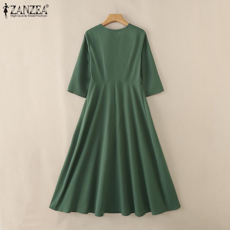 ZANZEA Women Casual Round Neck 3/4 Sleeve A-Line Long Dress