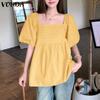 Summer Women Square Collar Puff Sleeve Ruched Casual Blouse Tops