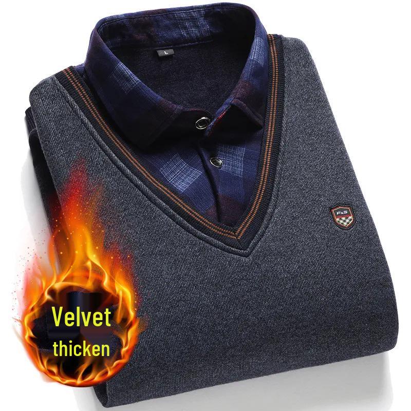 Мужской флисовый двухпредметный свитер с воротником-рубашкой для среднего и пожилого возраста