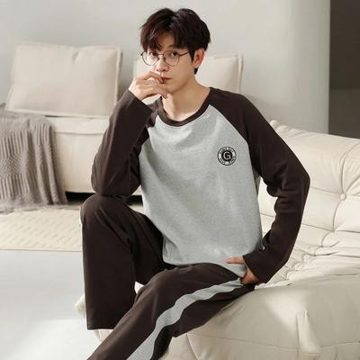 Осень-зима Мужская хлопковая пижама с длинными рукавами и длинными штанами с круглым вырезом Пижама для сна Модный мужской домашний костюм