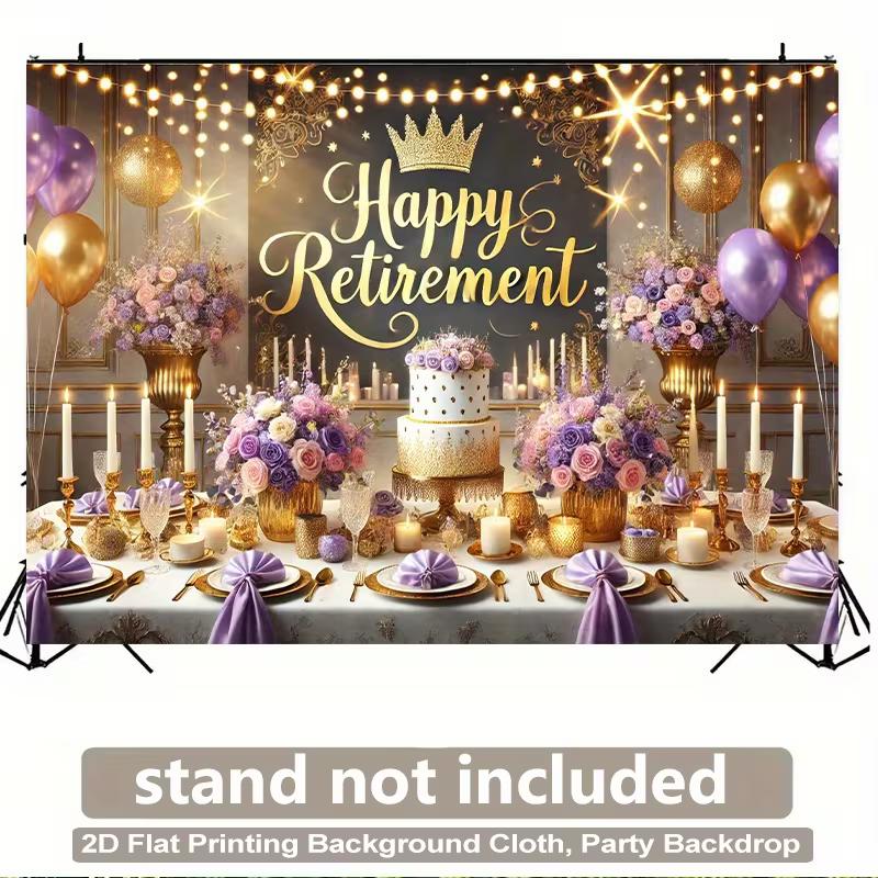 Elegant Retirement Backdrop, Sophisticated Black, Purple and Gold Party Scene with Crown, Lights and Balloons, Festive Luxury Wall Decor