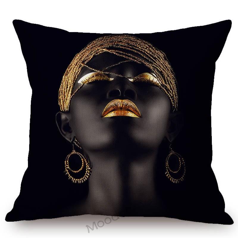 Black Gold African Lady Girl Style Modern Fashion Living Room Luxury Looking Decoration Art Sofa Pillow Case Linen Cushion Cover