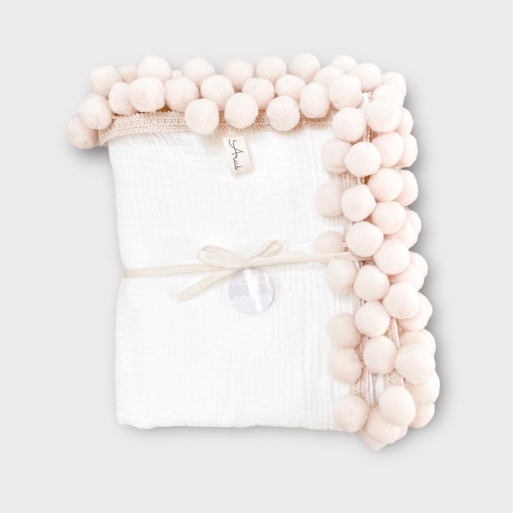 Muslin Blanket 100x75 Cream with Beige Pompoms