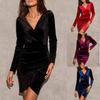 Tooxika 2024 New Women's Long Sleeve Dress Party V-Neck Slim Fit Gold Velvet Dress