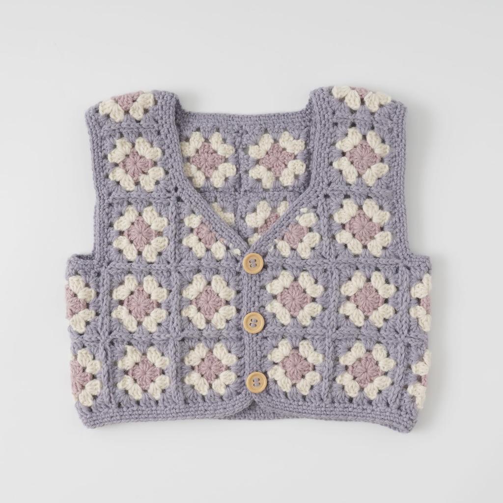 Raw Wool Knitting Kit Motif Connected Baby Vest #4-6B V-Neck (Gray)