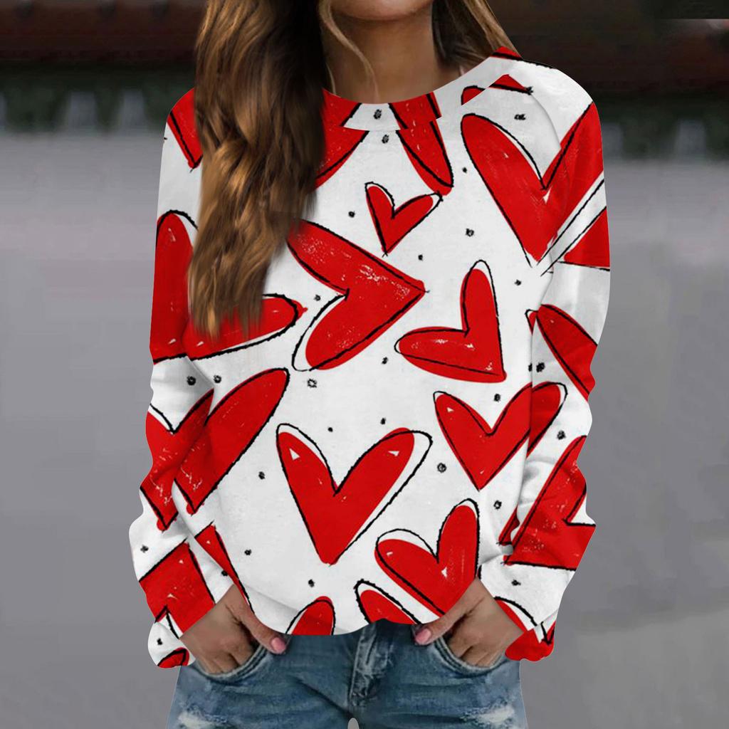 Женская модная повседневная толстовка с длинным рукавом и принтом на День святого Валентина и круглым вырезом