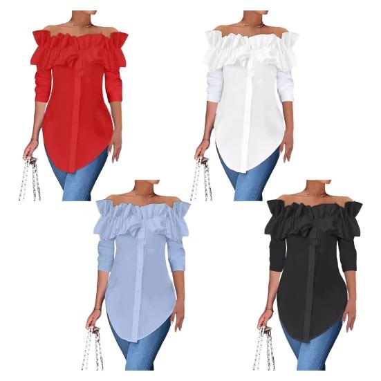 Женская рубашка с открытыми плечами, оборками и длинными рукавами, однотонная однобортная повседневная рубашка