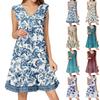 Женское летнее платье без рукавов с V-образным вырезом и принтом, короткие платья, модное повседневное струящееся бохо-платье с оборками, свободное платье-сарафан
