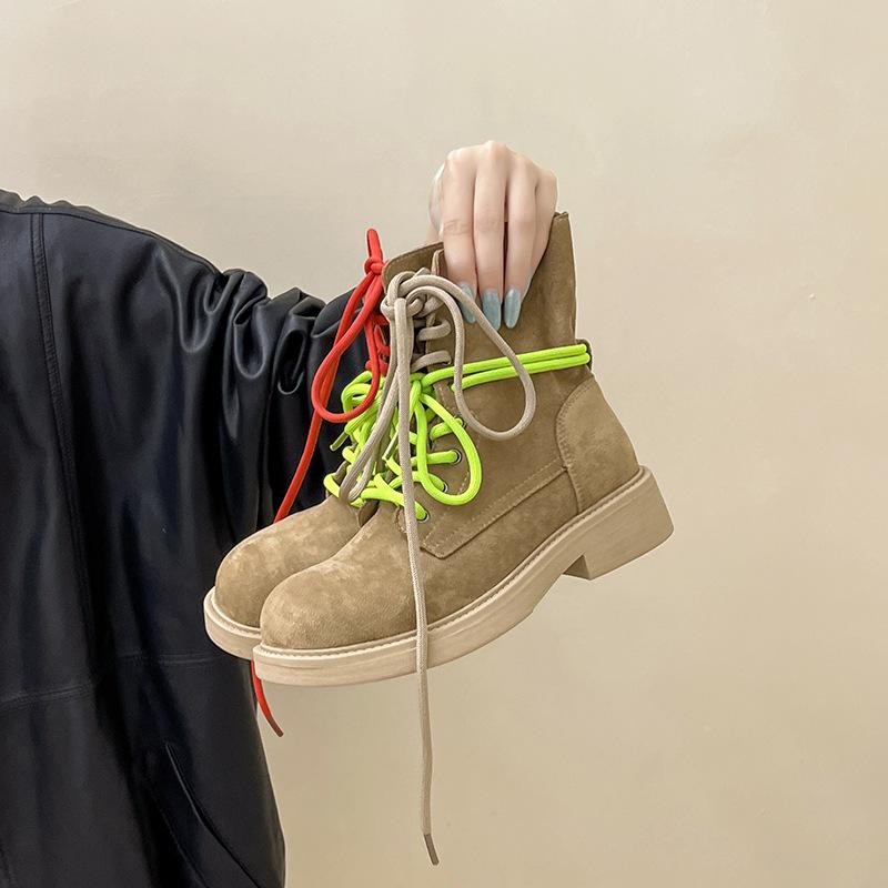 2025 осень и зима новая мода ретро британский стиль складные контрастного цвета толстый каблук ботинки Мартин женские повседневные рабочие ботинки короткие ботинки