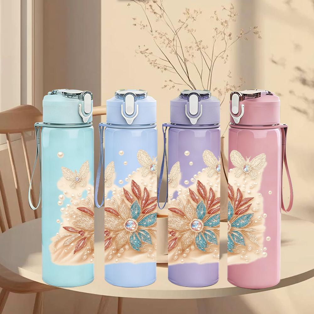 1PC Soft Dried Floral Bouquet 750ml Color Plastic Sports Water Bottle Leakproof Flip Straw Lid For Sports Office Home Use