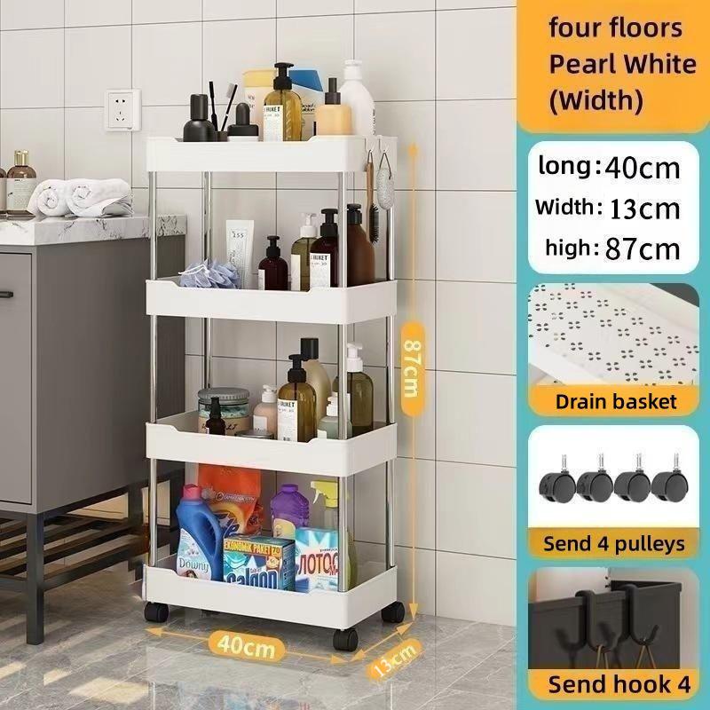 Narrow Seam Shelf Multi-Layer Movable Storage Rack with Pulley Organizer Office Bathroom Kitchen Storage Shelf
