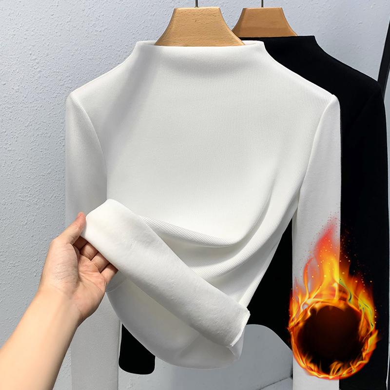 Женская базовая рубашка с полувысоким воротником, новая женская одежда, теплая внутри с флисом, утолщенный топ