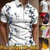Casual Lapel T-shirt Young Men's Fashion Zipper T-shirt Short Sleeve T-shirt Men's 3D Blue Flower Print T Shirt
