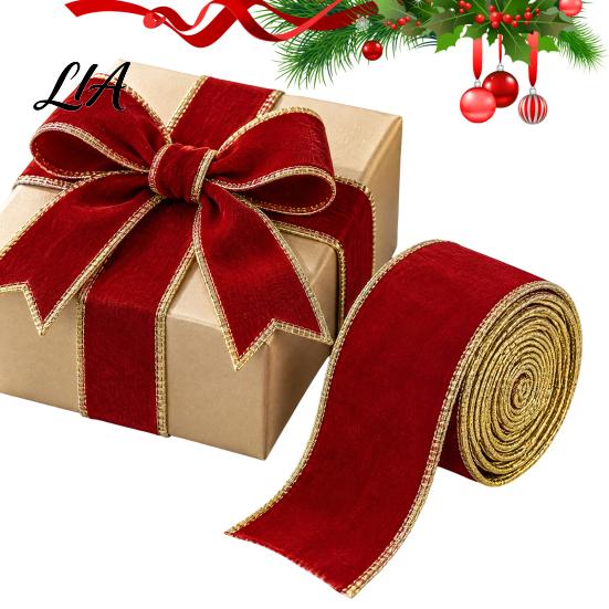 Reusable Festive Crafting Trim Velvet Christmas Ribbon, 2.5 x 78 Inch Wired Ribbon with Gold Edges for Gift Wrapping, Bow Making, DIY Crafts, Garland,