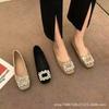 Square Head Shallow Mouth Single Shoes Women's Flat Bottom 2024 New Spring and Autumn Shoes French Evening Breeze Temperament Rhinestone