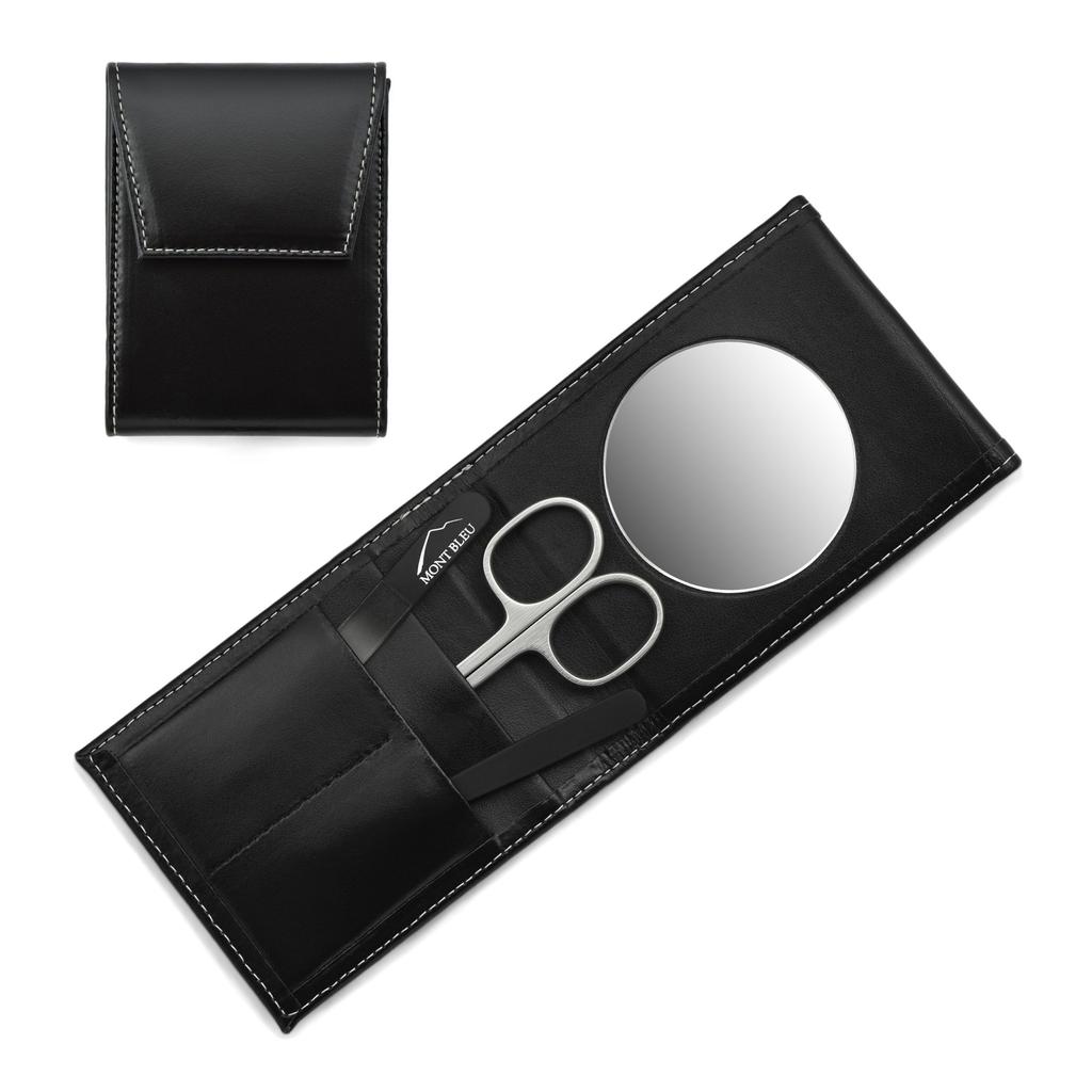 Mont Bleu 3-piece Manicure Set In a Premium Black Leather Case with Mirror & Crystal Nail File