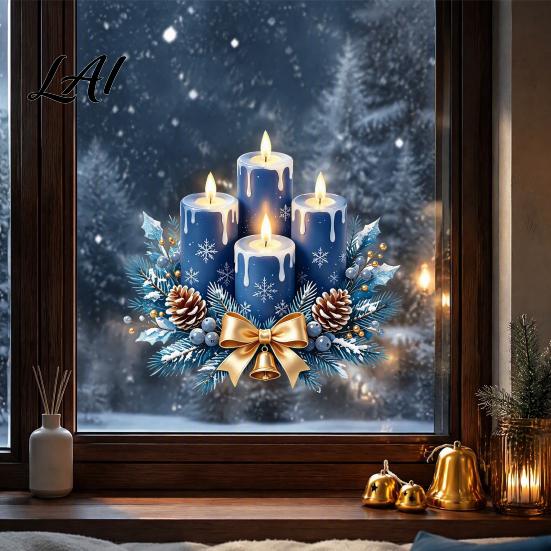 Creative Winter Gift Ideas Christmas Static Window Clings Blue Candle Wreath Stickers No‑Glue Holiday Glass Clings Reusable Decals for Home